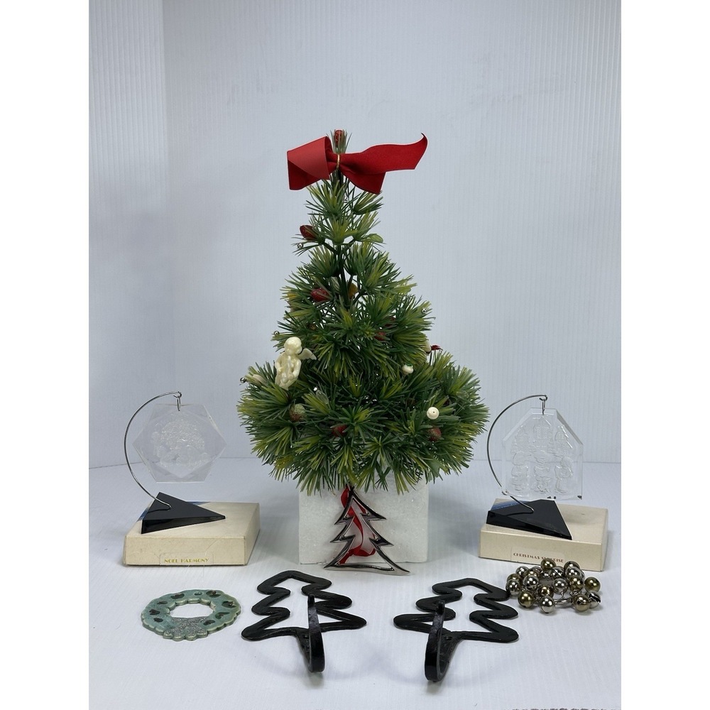 Vintage Lot 9 Mini Plastic Christmas Tree Ornaments Kitschy Metal Xmas Tree Hook